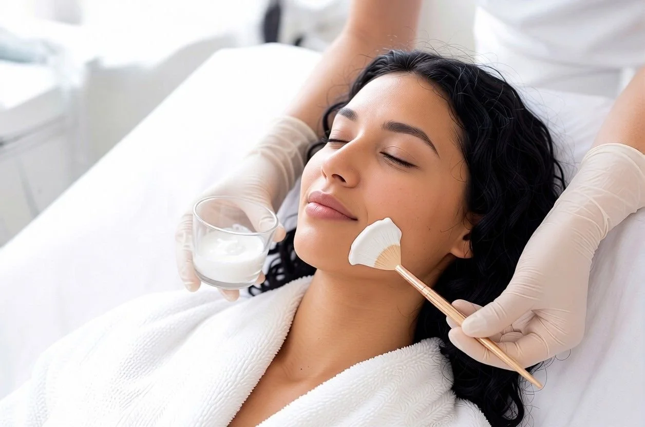 Woman getting a facial treatment with cream applied to her face in a spa or skincare clinic.