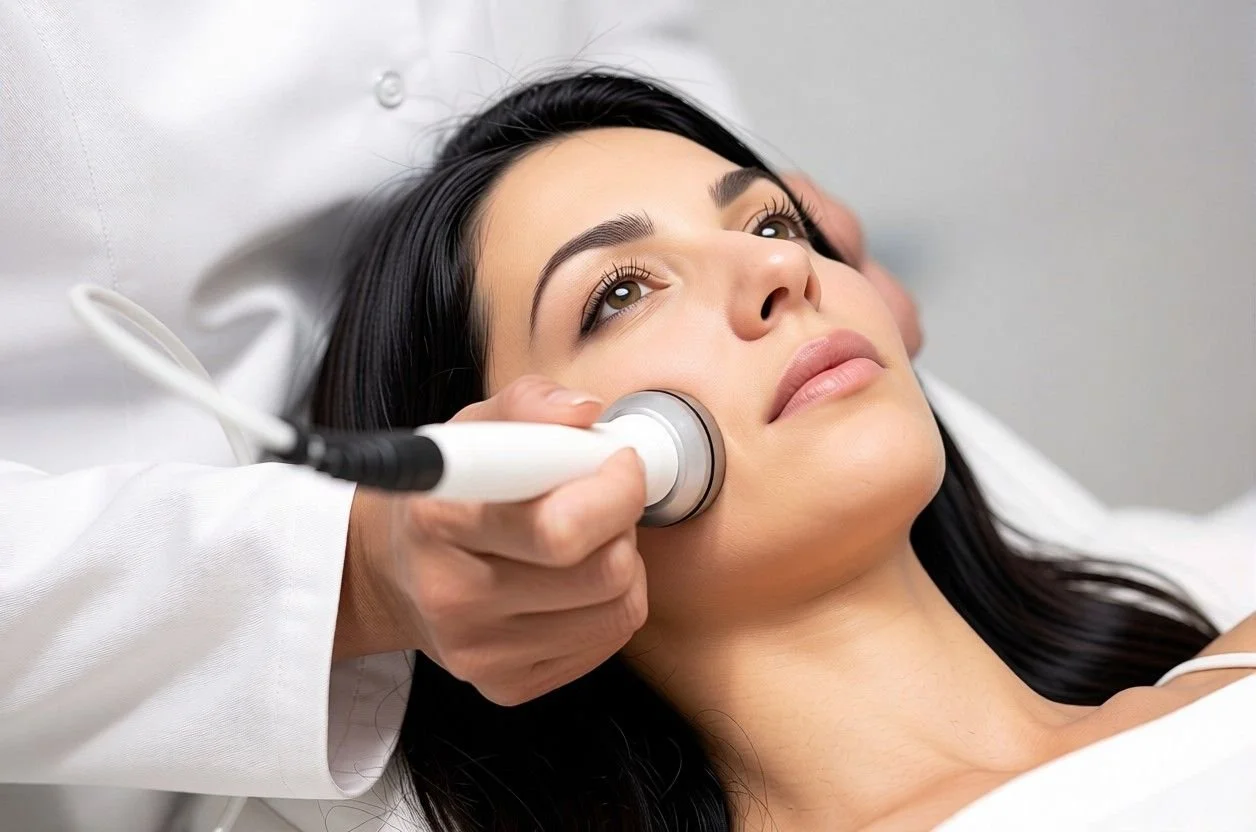 A woman receiving a facial treatment with a medical device on her cheek in a clinical setting.