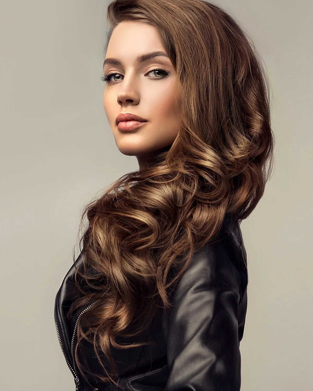 A woman with long, wavy, brown hair looking over her shoulder, wearing a black leather jacket.