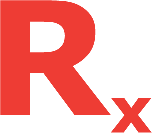 Red letter R with black outline and smaller red letter x