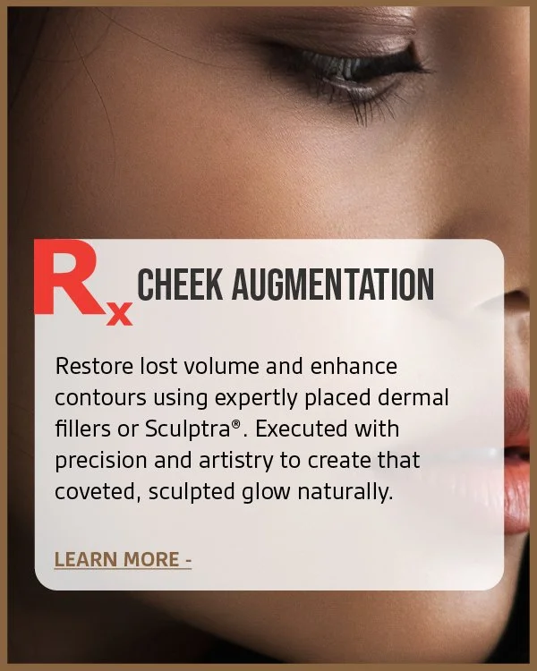 Close-up of a woman's face focusing on her cheek and eye, with overlaid text about cheek augmentation techniques and benefits.