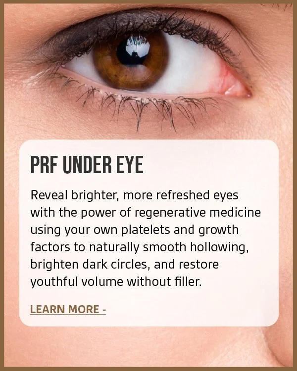 Close-up of a brown eye with text overlay promoting PRF under eye treatment for brighter, refreshed eyes using regenerative medicine and growth factors.