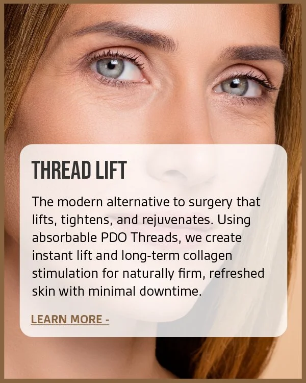 Close-up of a woman’s face focusing on her eyes with an overlay text box advertising thread lift treatment.