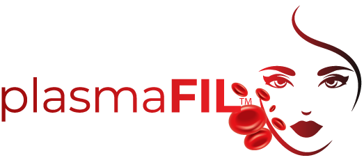 Logo of plasmaFIL with a stylized female face and red blood cells incorporated into the design.